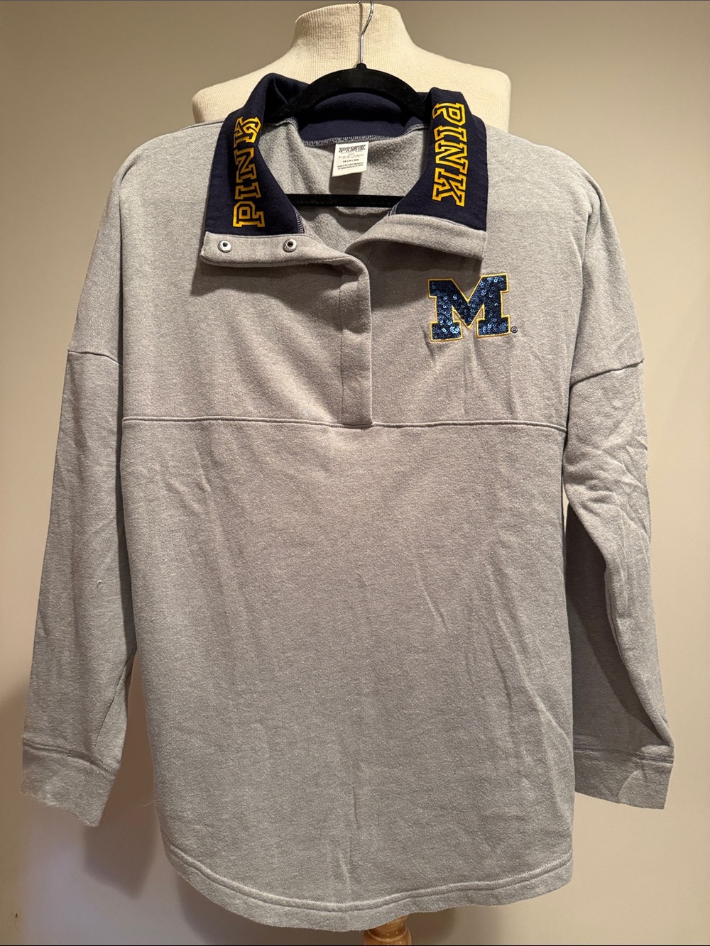 PINK Victoria's Secret Gray Pullover with Navy Collar & Yellow Logo